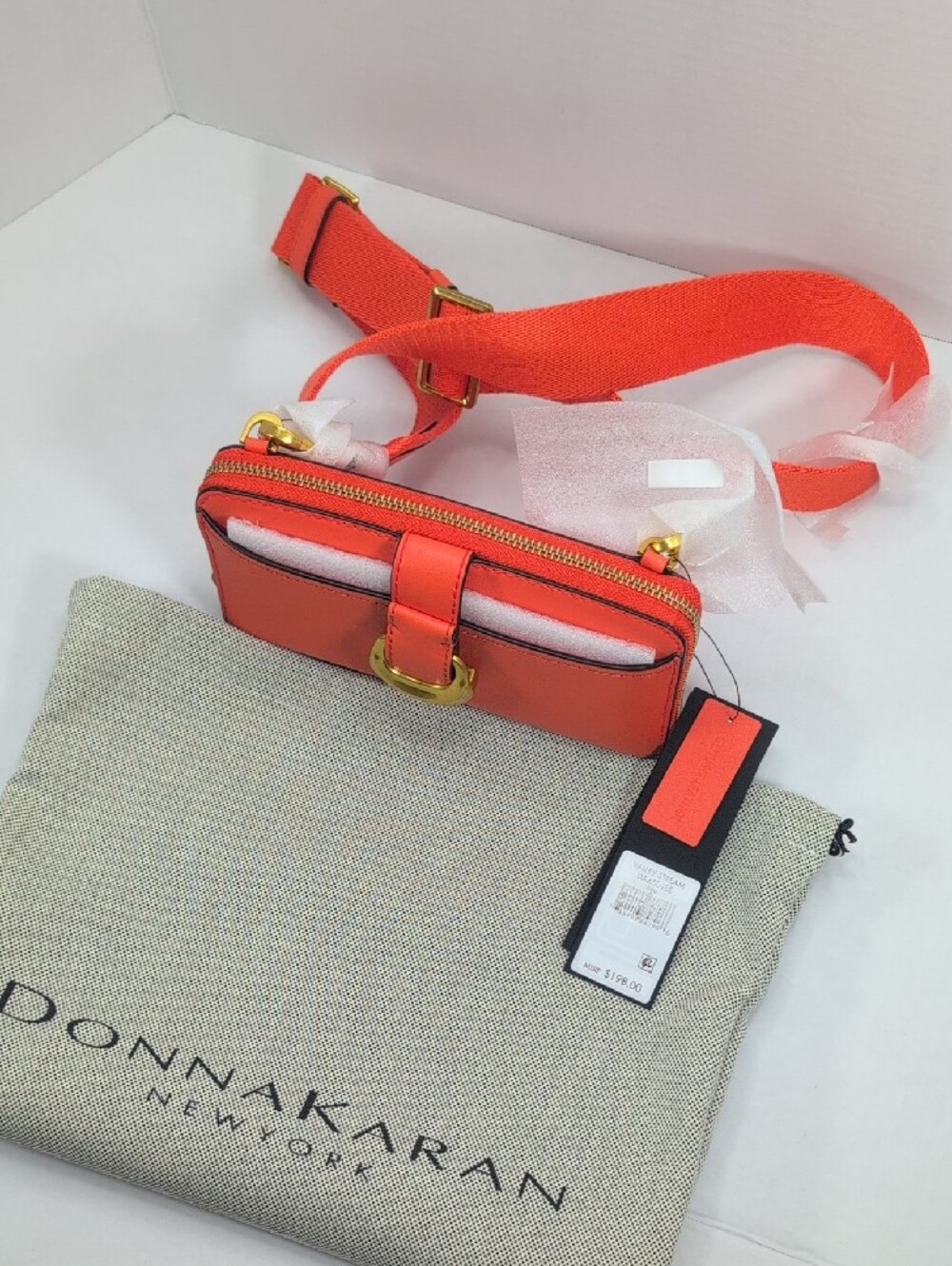 Donna Karan Orange Leather Crossbody/Clutch Vally Stream NWT - Picture 5 of 8